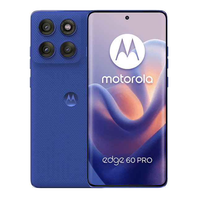 motorola edge 60 pro 8 gb ram 256 gb pantone blue teléfono desbloqueado en azul, vista frontal y trasera 3/4; pantalla Quad-Curve 1.5K con orificio central para cámara frontal, módulo trasero con cuatro lentes y carcasa texturizada con logo Motorola; adecuado para fotografía móvil y uso con Moto AI.