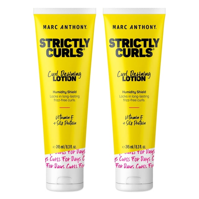 marc anthony strictly curls curl defining styling lotion, 8.3 ounce tube, 2 count Vista frontal de dos tubos amarillos de 8.3 oz de Marc Anthony Strictly Curls con el nombre en negro y leyenda 'Curl Defining Lotion', texto visible 'Humidity Shield' y 'Vitamin E + Silk Protein', tapas blancas flip-top, fondo blanco; crema para peinar que define rizos y controla el frizz, a menudo usada para mejorar la elasticidad y el rebote del rizo.