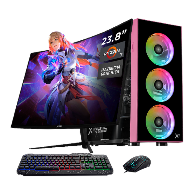 computadora escritorio completa xtreme pc gaming amd radeon vega renoir ryzen 7 5700g 16gb ssd 1tb monitor curvo 23.8 100hz wifi pink juegos casuales, trabajo y estudio Equipo de escritorio rosa con torre vertical y tres ventiladores frontales RGB vistos en ángulo 3/4, panel lateral transparente que muestra componentes, monitor curvo 23.8" Full HD a 100Hz con imagen de juego en pantalla, kit con teclado y mouse RGB incluidos; orientada a multitarea y productividad ligera, también adecuada para juegos casuales y estudio.