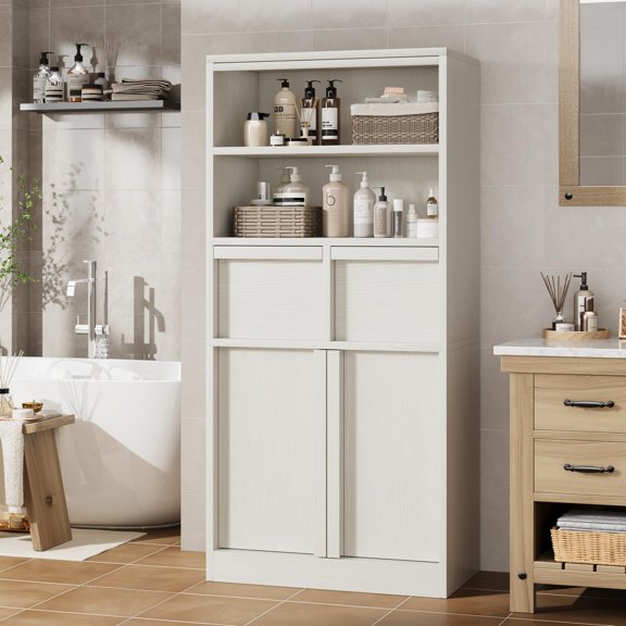 Yeshouse Armario independiente alto de 130 cm con puertas, dos cajones y estantes, ideal para cocina, comedor, baño, despensa y lavandería