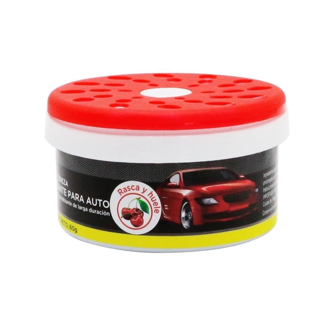 gel aromatizante auto drive lata cereza 60 g, vista frontal de frasco de gel para auto con tapa perforada roja y borde blanco, etiqueta negra con auto rojo y sello 'rasca y huele' que indica olor a cereza; ideal para mantener aroma en espacios pequeños del vehículo.