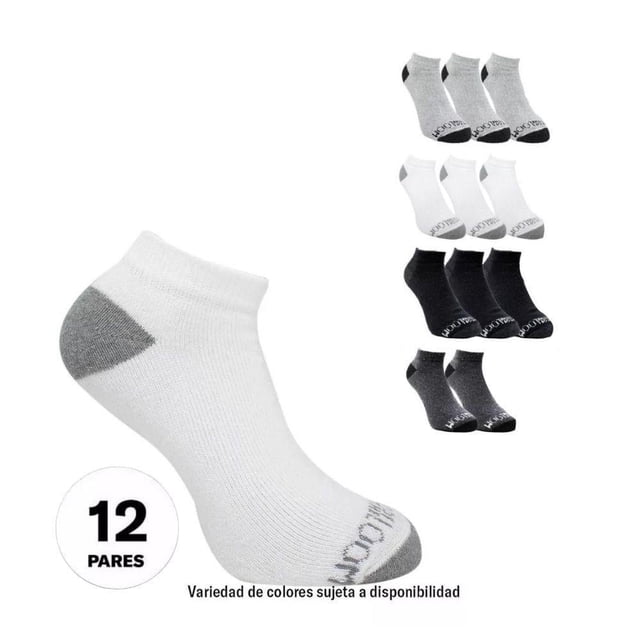tin fruit of the loom para hombre unitalla 12 pares tines multicolor, vista frontal centrada de un par blanco con puntera y talón gris y logo en el empeine; a la derecha se aprecian conjuntos en blanco, gris y negro sobre fondo blanco; adecuados para uso diario y deportivo según especificaciones.