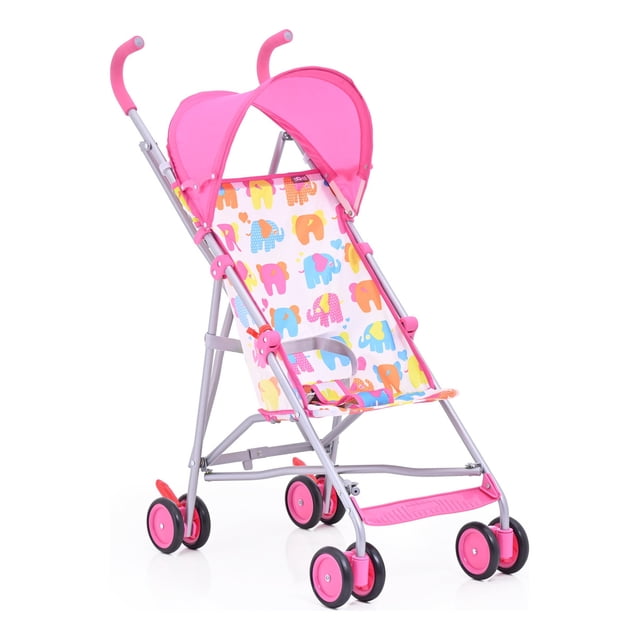 carriola de bastón prinsel trip ligera rosa elefantes, armazón metálico plegable con cierre tipo sombrilla y toldo rosa extendible; asiento con estampado de elefantes multicolor y cinturón de seguridad, empuñadura de plástico suave, reposapiés y ruedas dobles traseras con freno. Medidas 92×72×41 cm, peso 6 kg. Suele usarse para paseos breves y viajes cortos por su formato compacto.
