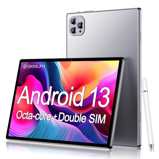 veat00l tablet, 6gb ram, 64gb rom, 128gb ampliables, procesador quad-core, 6000mah carga rápida, 1280x800 hd pantalla táctil — Vista frontal centrada de la pantalla IPS mostrando gráfico colorido y texto promocional, y vista trasera en gris con módulo de cámara visible; lápiz táctil apoyado al lado y puerto USB Type-C visibles; portátil, orientada a multimedia, lectura y videollamadas.