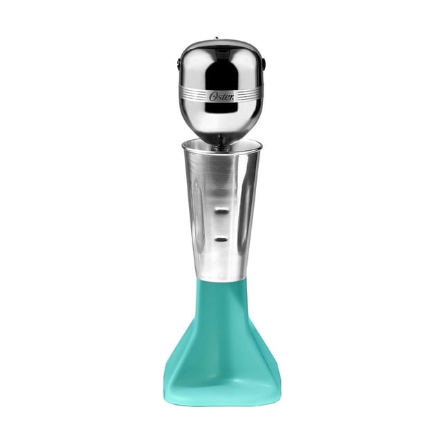 batidora oster fuente de sodas verde frontal con base plástica verde, encendido automático y dos velocidades; vaso de aluminio de 750 ml y flecha fabricada en acero inoxidable en soporte con interruptor automático, adecuada para preparar malteadas y sodas caseras.