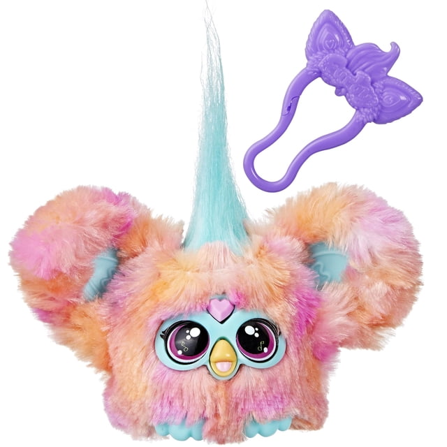 peluche electrónico Furby Furblets Ree-Mix para más de 6 años coral, mini peluche musical de 2.0 in con clip de llavero extraíble; felpa jaspeada coral/rosa/amarillo, mechón azul en la cabeza, ojos grandes con marco turquesa, pico amarillo y gema de corazón rosa; orejas peekaboo plegables y controles táctiles para reproducir música hip hop y más de 45 sonidos. A menudo usado como adorno de mochila o llavero de viaje.