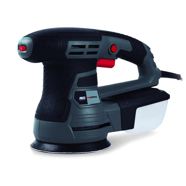 lijadora aksi roto orbital 430w de 5 industrial, vista lateral 3/4 con cuerpo gris y negro, gatillo rojo y cable trasero; base orbital circular de 5" (12.7 cm) y depósito de polvo blanco; indicada para desbaste de metal, concreto y remoción de óxido, y a menudo usada para preparar superficies antes de pintar.
