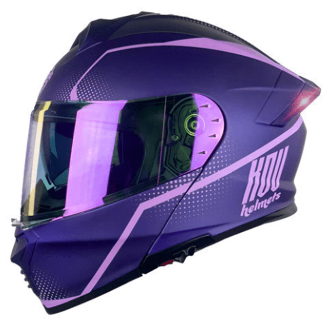 casco abatible de moto kov thunder waves morado con luz led DOT, vista lateral 3/4; visera exterior transparente y mica interna retráctil Night Vision visible, broche micrométrico en la barbilla, tomas de aire frontales y superiores y salidas traseras, logo KOV en el lateral; suele usarse para trayectos urbanos.