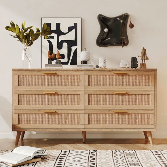 Zocalo Cómoda 6 Cajones de Madera Ratá, Tiradores Dorados,Patas Robustas, Moderna | Mesita de Noche Armario de Dormitorio, Cómoda de Salón para Sala de Estar, 120*40*75CM, Color madera clara