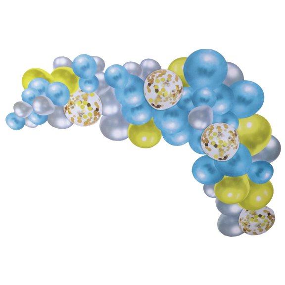 KIT 34 GLOBOS METALICOS TRANSPARENTES CONFETI MARMOL AZUL AMARILLO