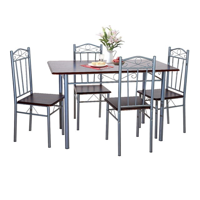 comedor mesa rectangular 120cm con 4 sillas madera mdf metal color café oscuro mesa rectangular 120 cm con tablero MDF café oscuro y estructura metálica; cuatro sillas con asiento MDF a juego y respaldo metálico con diseño curvo, patas con protectores antideslizantes y bordes redondeados; montaje desmontable, ideal para cocina, comedor o home office, capacidad para 4 personas.