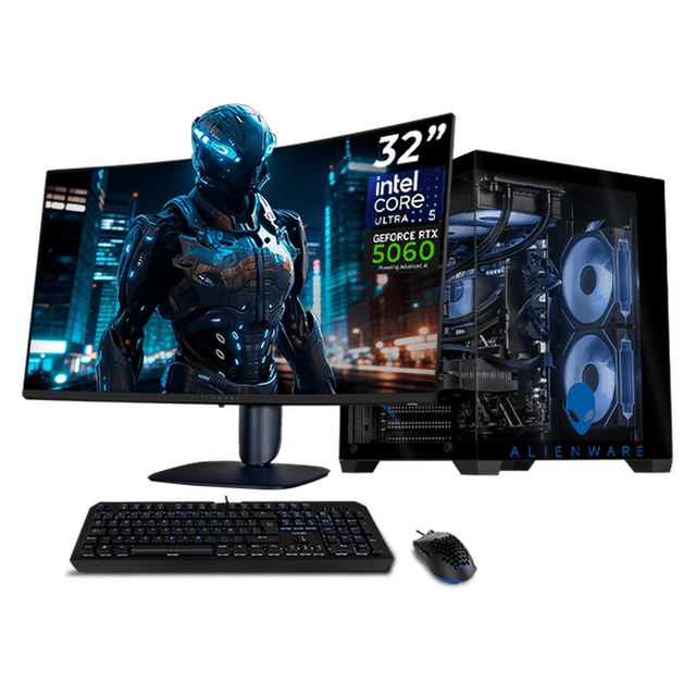 pc gamer completa ia entry xtreme pc gaming alienware nvidia geforce rtx 5060 intel core ultra 5 225f 16gb ddr5 ssd 1tb monitor curvo 32 180hz sistema liquido wifi productividad acelerada con ia — torre negra con ventana lateral que revela radiador, tubos y tres ventiladores ARGB, monitor curvo 32" QHD 180Hz con imagen de personaje futurista, teclado y mouse RGB sobre escritorio; diseñada para gaming competitivo y también adecuada para productividad y streaming.