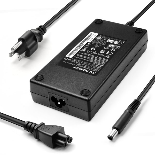 cargador ac de 180 w, 19,5 v, 9,23 a para dell g5 g7 precision 7510 7520 adaptador de corriente negro rectangular con etiqueta técnica visible, conector de salida cilíndrico 7,4 x 5 mm según especificaciones, cable de alimentación con clavija tipo B y conector hembra de 3 pines; vista en 3/4 sobre fondo blanco, adecuado para alimentar portátiles Dell compatibles y también usado con estaciones de trabajo móviles.