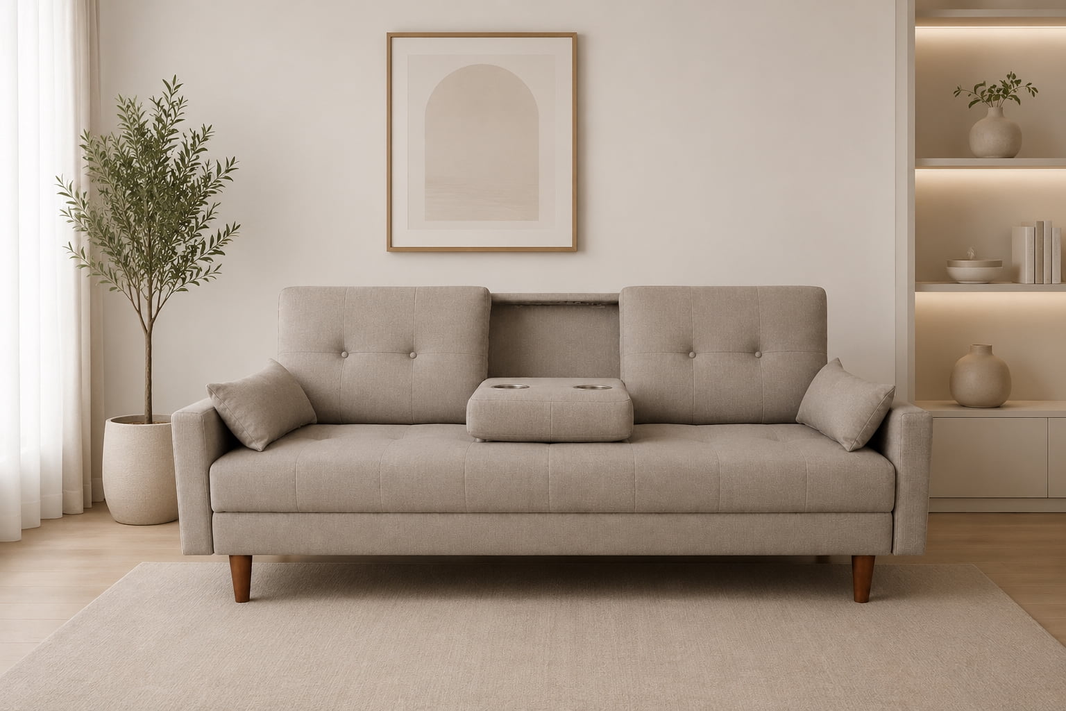 Sofá Cama Reclinable El Bazar Store Cancún Lino Beige Brazos Separados Respaldo Abatible