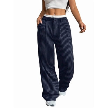 Pantalones Anchos y Holgados para Mujer, Estilo Palazzo Harén, Informales, A Rayas, con Cintura Elástica y Bolsillos Azul Marino XL