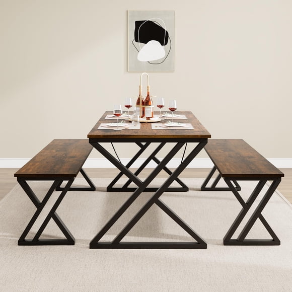 Juego de mesa y bancos para 4 personas con diseño industrial, estructura metálica resistente y estilo rústico, ideal para el hogar, la oficina o el estudio, color vintage.