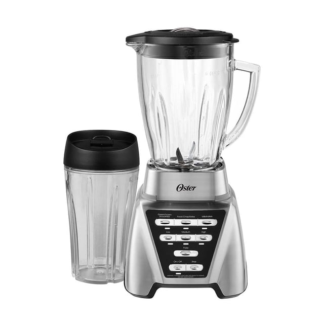 licuadora oster pro 1200 con 7 velocidades, 3 programas automáticos, vaso blendngo, plata — vista frontal centrada; base plateada con panel de botones, jarra de vidrio Boroclass 1.4 L con asa y pico vertedor, vaso Blend‑N‑Go 710 ml con tapa negra a un lado. Panel muestra botones para pulso y ajustes preprogramados; suitable para preparar smoothies y llevar bebidas.