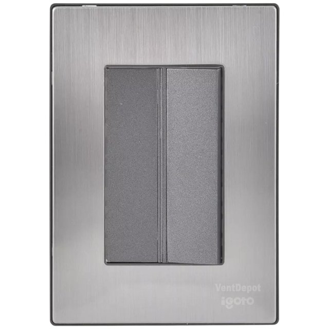 apagador interruptor grande inoxium1aoxford 1pza apagador 125-250vca 10a 50/60hz plateado/oxford acero inoxidable/pc. Vista frontal centrada de una placa de acero inoxidable cepillada con un apagador sencillo de doble tecla en gris Oxford; silueta empotrada, bisel recto y mecanismo de policarbonato visible en el centro. Adecuado para controlar iluminación en salas y dormitorios; a menudo se usa en cocinas y áreas de trabajo por su fácil limpieza.