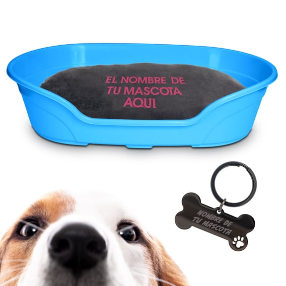 KE WOOW Cama Mediana modelo premium para Perro, Gato, Conejo y otras Mascotas, Cesta de Plástico, Incluye Colchón Doble Cara con funda, lavable y Placa de Identificacion Personalizados, Color Azul KE WOOW Cama Plana con colchón personalizado, mediana