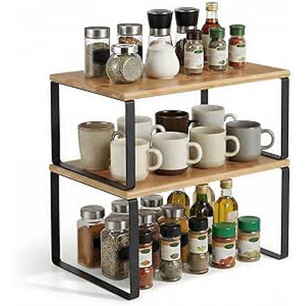 SONGMICS Organizadores de Cocina, Juego de 4 Estantes de Cocina, Apilables, Expandibles, Metal y Madera de Ingeniería, Negro y Natural