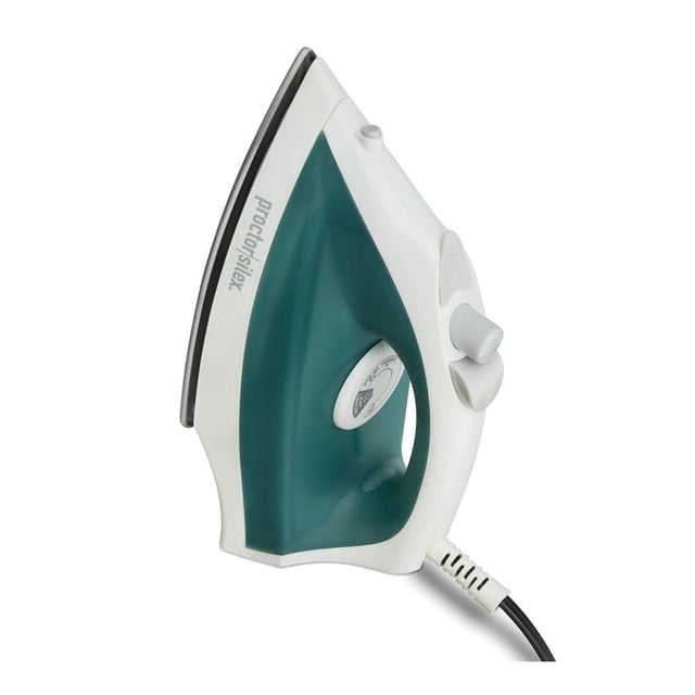 plancha de vapor proctor silex 17291ps antiadherente verde 3/4 frontal, plancha ergonómica verde y blanca con suela antiadherente oscura, perilla de vapor ajustable y botón de rocío fino, cable de alimentación visible; a menudo se usa también para planchar accesorios pequeños como paños de cocina.