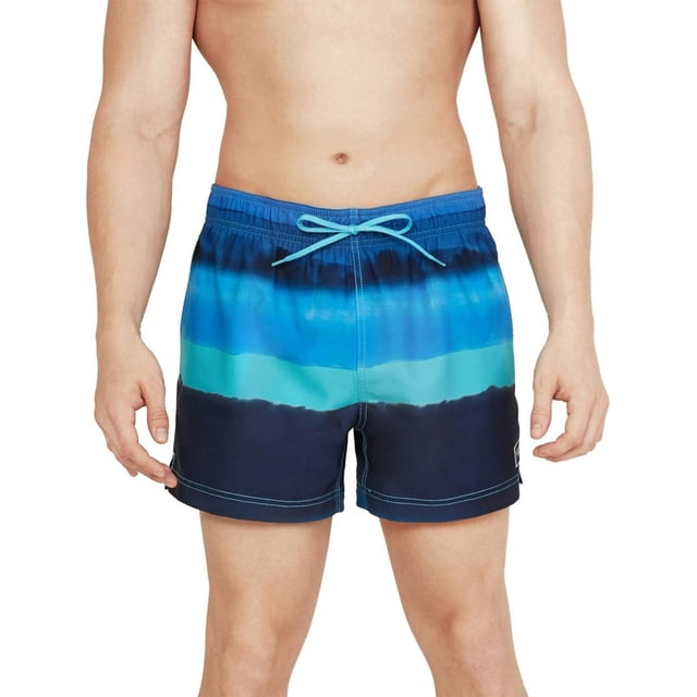 traje de baño Speedo para hombre color azul modelo 7784382400, short de corte corto con pretina elástica y cordón ajustable, franjas horizontales en azul marino y turquesa, costuras visibles y tiro medio con ajuste frontal. Ideal para playa y alberca; también apto como short casual en vacaciones.