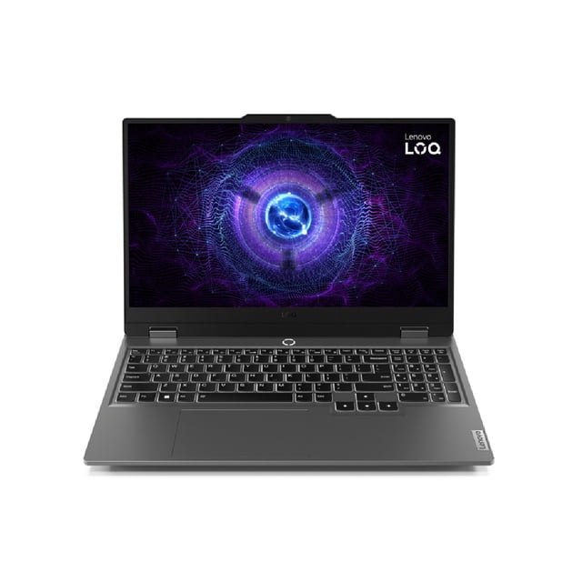 laptop lenovo loq 15iax9 intel core i5 12450hx 16 gb ssd 1 tb 15.6 pulgadas fhd nvidia geforce rtx 4050 windows 11 home Gris vista frontal 3/4 con pantalla encendida, chasis gris, teclado retroiluminado con teclado numérico y recorrido de tecla de 1.5 mm, touchpad centrado y logo Lenovo en reposamuñecas; a menudo se usa también para edición de contenido y multitarea ligera.