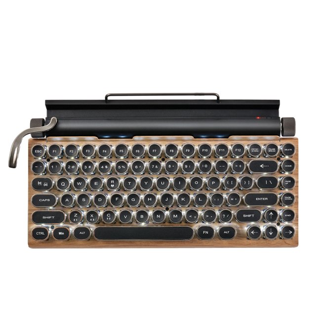 teclado de máquina de escribir retro, teclado mecánico inalámbrico Bluetooth de 83 teclas con carcasa en color madera y teclas redondas estilo vintage; vista cenital frontal que muestra rueda de volumen metálica a la derecha, palanca metálica a la izquierda y soporte trasero para portátil/teléfono. Compatible con Win10, iOS y Android, Bluetooth 5.0, conexión USB y batería recargable de 2000 mAh; también suele usarse como teclado compacto para escritura creativa o estaciones de trabajo portátiles.