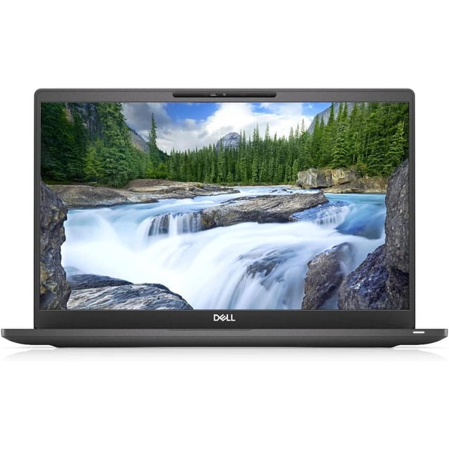 laptop dell latitude 7400 14" hd reacondicionada, vista frontal centrada con pantalla encendida mostrando paisaje; carcasa gris y teclado visible desde ángulo bajo, webcam en el bisel superior y logo Dell en la base, equipada con Intel Core i7 de 8ª generación, 8GB RAM y Windows 11 Pro; a menudo usada como equipo portátil para trabajo remoto y estudio.