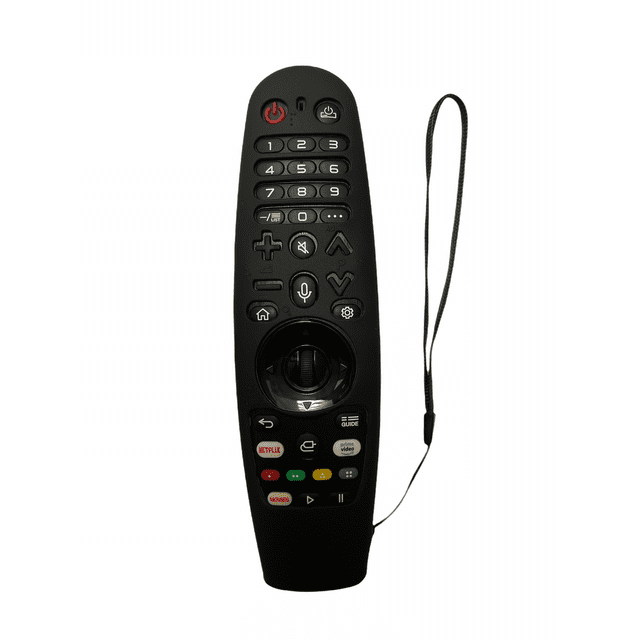 control remoto lg magic mr20ga 2020 con funda incluida mando universal, vista frontal centrada del control alargado; teclado numérico arriba, pad direccional y rueda de desplazamiento central, puntero y botón de micrófono para comandos de voz, teclas de acceso rápido a Netflix y Prime Video, correa de muñeca visible; el título indica color amarillo pero el control en la foto muestra acabado negro. También suele usarse como control universal para dispositivos smart home.