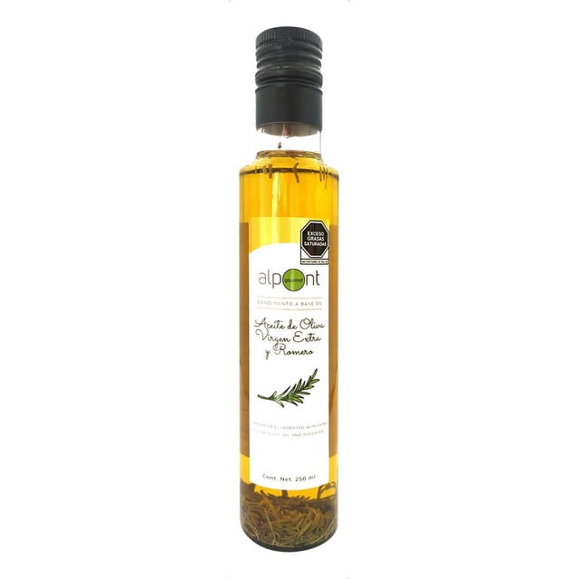 alpont gourmet aceite de oliva virgen extra y romero 250 ml botella frontal con tapa roscada negra, aceite dorado claro con ramitas de romero visibles dentro, etiqueta blanca con logo Alpont y texto 'Aceite de Oliva Virgen Extra y Romero', indicado para aderezos y marinados en despensa.