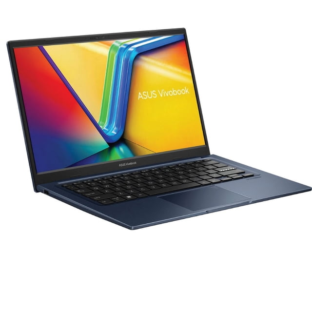 laptop 14 pulgadas 180° intel®core™ i3 ram 8 gb Azul ASUS Vivobook 14 en vista 3/4 con pantalla LED Full HD 14" (1920x1080) y bisagra plana 180°, teclado con distribución en español, touchpad amplio, carcasa azul mate y cámara 720p con protector físico visible; puerto USB-C, HDMI y múltiples puertos laterales según especificaciones, SSD 128 GB y 8 GB RAM indicados, a menudo usado como equipo secundario de estudio u oficina por su formato compacto.