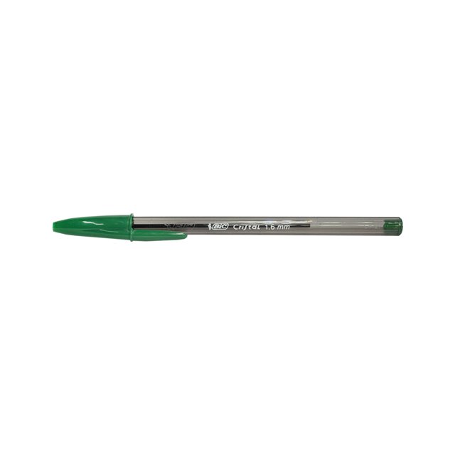 bolígrafo bic cristal extra grueso tinta verde 12 piezas — bolígrafo BIC Cristal con cuerpo hexagonal transparente, tapa y punta verdes visibles, vista lateral centrada sobre fondo blanco; suele usarse para notas y marcación rápida.