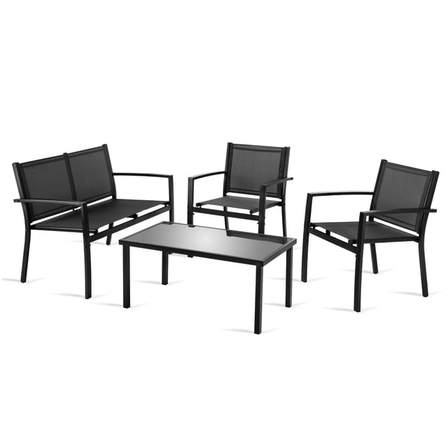 sala exterior para jardín textileno sillas sillon mesa 4pzas negro Conjunto de jardín negro KINGSHOUSE 4 piezas: 1 sillón doble (105.5x57.5x79 cm), 2 sillas (60x58x77 cm) y mesa de centro (90x50x41 cm). Estructura de acero, respaldo y asiento de textileno transpirable resistente al polvo y al agua; mesa con vidrio resistente; ideal para terraza o patio.