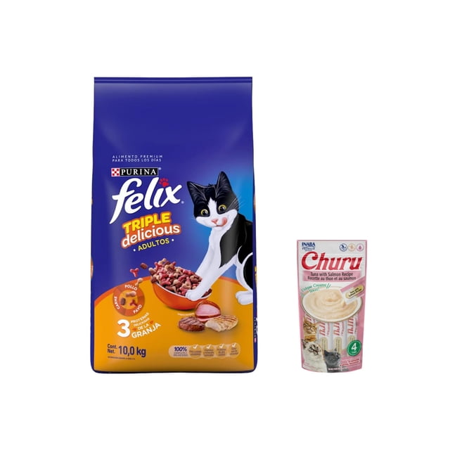 felix triple delicious granja 10 kg + churu snack salmon y atun 14 g (4 pzas.) bolsa frontal azul de 10 kg de alimento para gatos adultos Félix Triple Delicious Granja con ilustración de gato negro y blanco y cuenco con croquetas; empaque indica 3 proteínas y especificaciones: piel sana y pelaje brillante; vitalidad y energía; mantenimiento muscular; salud general; ingredientes naturales; a la derecha sachet rosa vertical de Churu snack salmón y atún 14 g (4 pzas.).