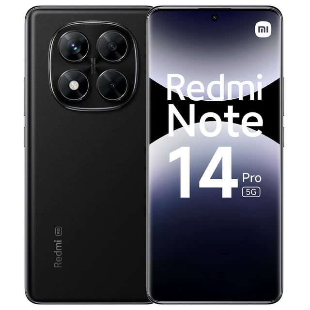 smartphone xiaomi redmi note 14 pro 5g dual 256gb 8ram-black vista frontal y trasera centrada en Midnight Black; pantalla AMOLED de 6.67" con orificio para cámara frontal y biseles delgados, lector de huellas bajo la pantalla, módulo trasero cuadrado con tres lentes y flash, logotipo Redmi en la parte posterior sobre fondo blanco.