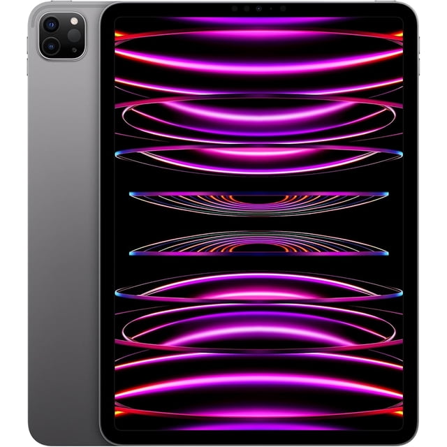 apple ipad pro 6 gen (2022) 12.9 " 512gb gris (reacondicionado) Reacondicionado, iPad Pro 12.9" frontal en gris con pantalla encendida mostrando patrones morados y negros; marco delgado, esquinas redondeadas y módulo de cámara dual trasero visible en la esquina superior izquierda; tableta adecuada para dibujo digital y productividad.