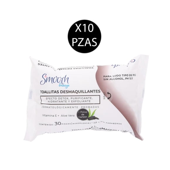 Toallitas Desmaquillantes Smooth Breeze con Vitamina E más Aloe Vera más Polvo de Carbón