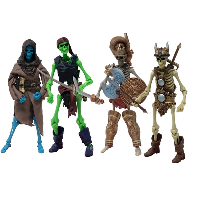 figuras coleccionables boss fight studio epic h.a.c.k.s. Cuatro figuras de acción esqueletos 1:12 en vista frontal: túnica marrón con capucha y botas azules; esqueleto verde con espada y armadura rasgada; gladiador con casco, grebas, escudo y hacha doble; bárbaro con cuernos, cinturón y espada. Se aprecian piezas intercambiables, accesorios detallados y posturas para exhibición; también suelen usarse para dioramas y fotografía de juguetes.
