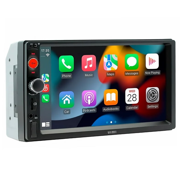 autoestéreo con pantalla de 7 pulgadas mp5 con fm y bluetooth para carro Negro VIMI, vista frontal 3/4 con pantalla táctil HD de 7" que muestra íconos tipo smartphone; chasis negro con botones físicos a la izquierda, perilla de volumen, ranura USB y entrada AUX visibles, compatibilidad con Android Auto y Apple CarPlay, reproductor MP5 y radio FM; también se usa para reproducir multimedia desde USB durante viajes.