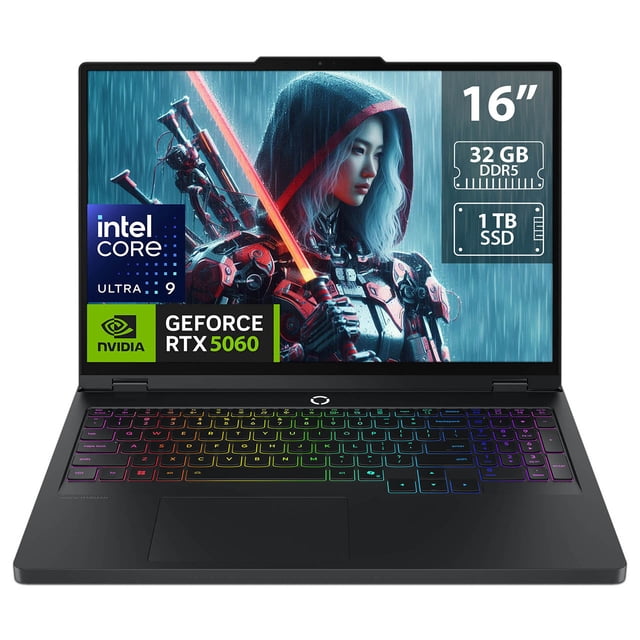 laptop gamer lenovo legion 5 16iax10: intel core ultra 9 275hx, ram 32gb ddr5, ssd 1tb, pantalla de 16", rtx 5060, windows 11 home — Vista frontal centrada de laptop negra Legion 5 con pantalla LED de 16" que muestra arte de personaje y sellos de Intel Core Ultra 9 y GeForce RTX 5060; teclado en inglés retroiluminado RGB, touchpad amplio y bisel superior con cámara. Adecuada para juego intensivo y multitarea creativa; también se usa como estación portátil para edición y streaming.