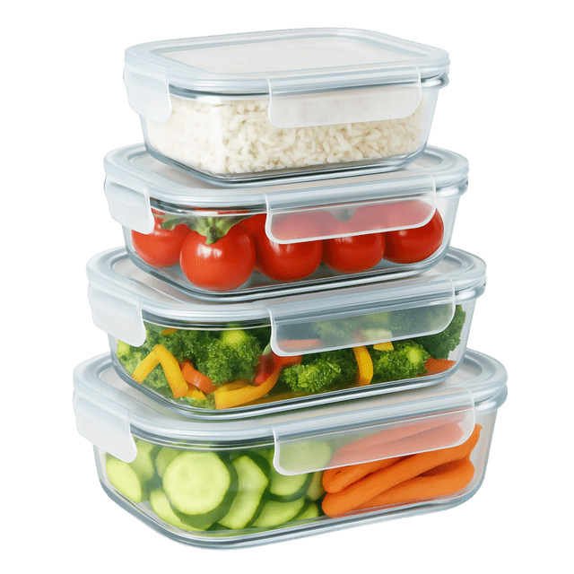contenedores herméticos recipiente de vidrio borosilicato 4pz VITTORI, set apilado frontal de cuatro recipientes rectangulares de vidrio transparente con tapas blancas de cierre hermético y pestañas, banda de silicón desprendible visible en la boca, llenos de arroz, jitomates y verduras; aptos para horno y air fryer sin tapa, microondas con tapa (válvula abierta) y congelador, diseñados para conservación diaria y también usados para preparar porciones para llevar.