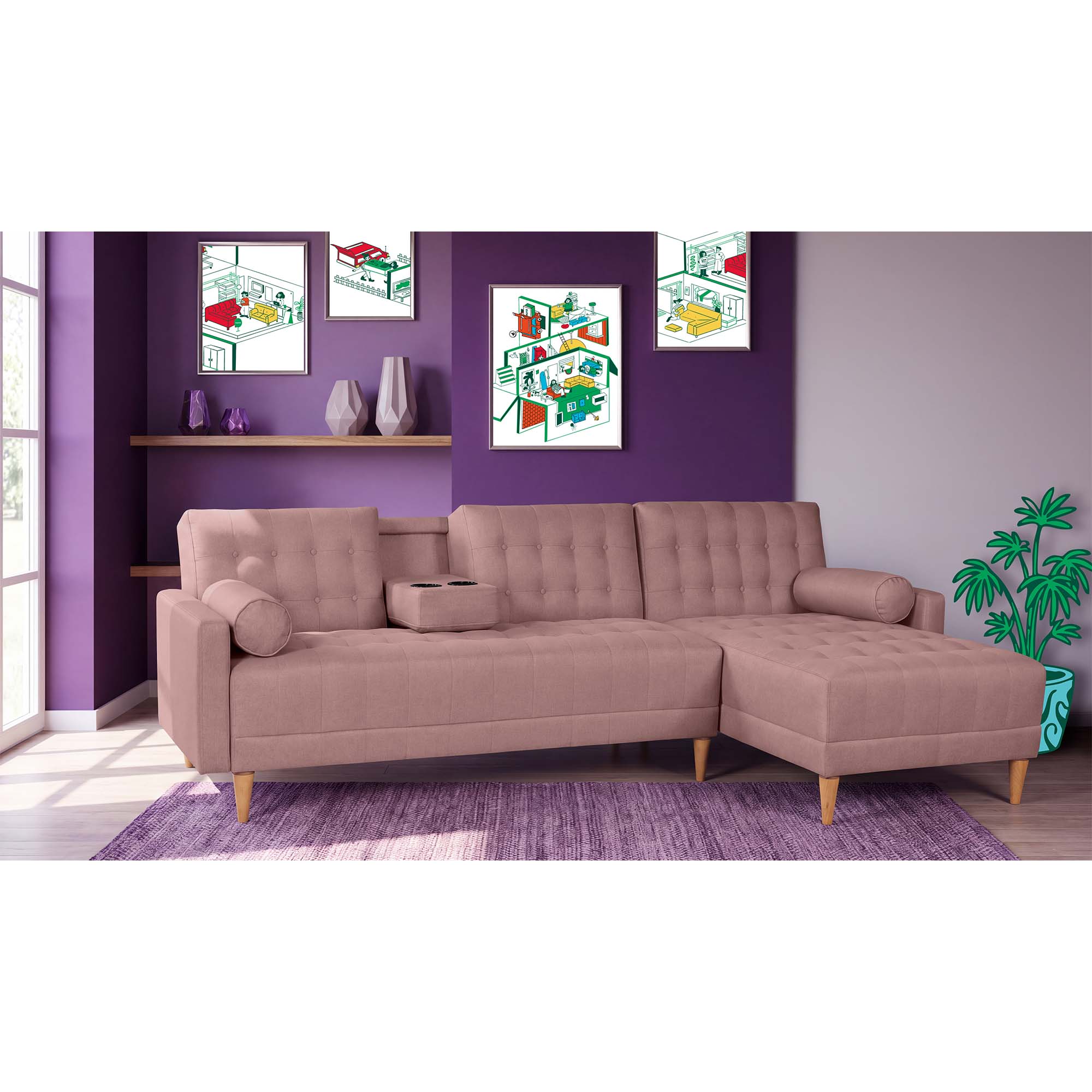 Sala Modular Sofá Cama Makora de Lino Palo De Rosa Modelo Duomo
