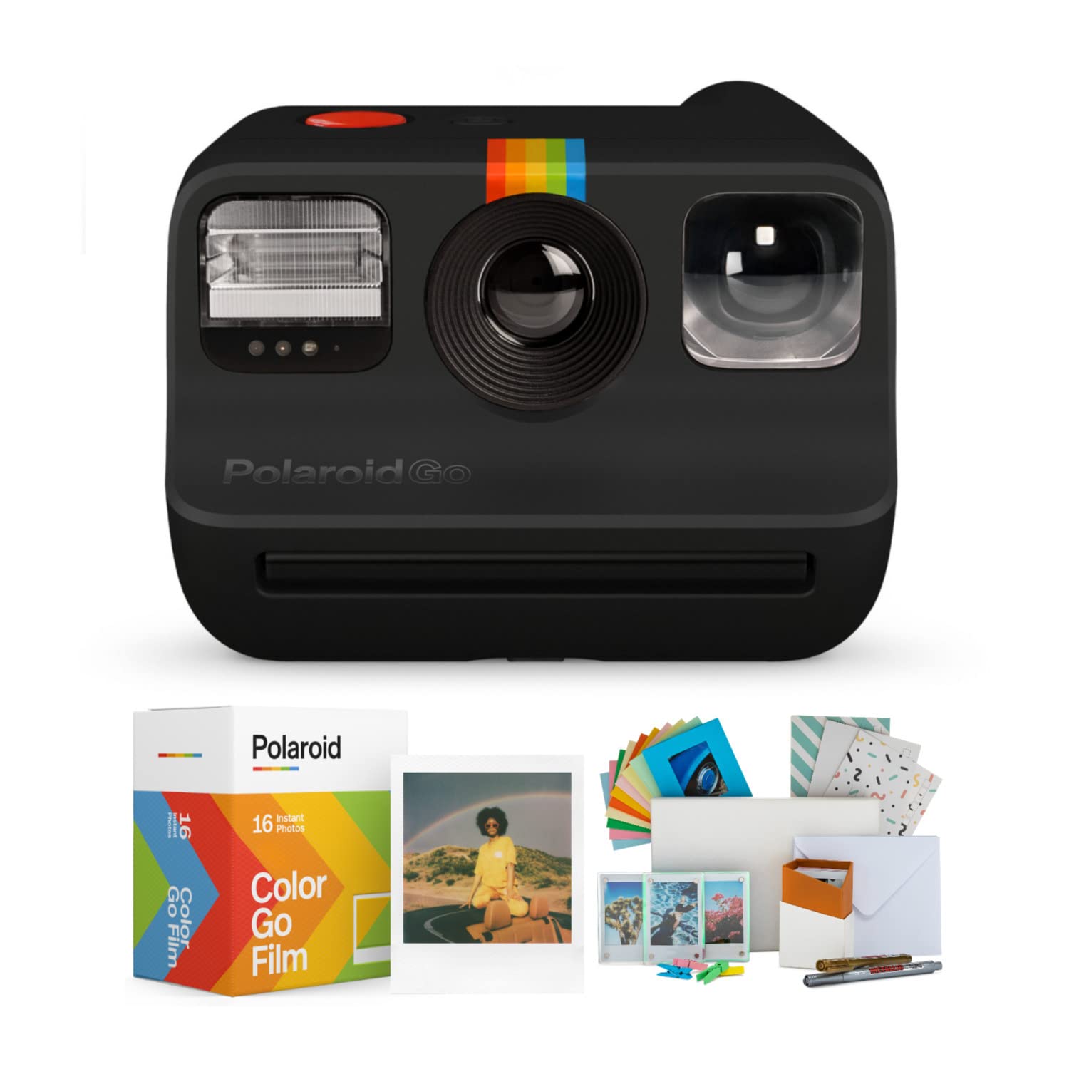 Cámara instantánea Polaroid Go Black con kit de película y PhotoBox