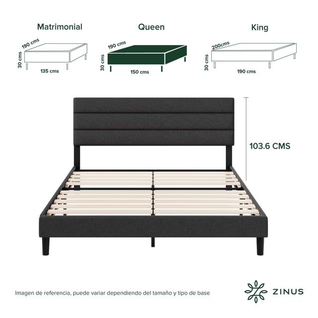 base de cama con cabecera queen size zinus piper tapizada color negro. fácil armado, para todas las edades, vista frontal centrada de la base Queen tapizada en tela negra con cabecera acolchada de paneles horizontales, estructura de acero y listones de madera visibles en el bastidor (150 cm x 190 cm), patas cilíndricas negras y cabecera de 103.6 cm; incluye piezas y herramientas para montaje en menos de 1 hora, apta para usar sin somier y soporta 315 kg.