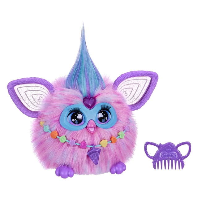 peluche interactivo furby cotton candy con 15 accesorios, vista frontal centrada de Furby rosa y azul con pelaje esponjoso, orejas puntiagudas, ojos grandes iluminados con máscara azul, gema de corazón morada, mechón bicolor alto, collar de cuentas con colgante en forma de cono, patas moradas y peine accesorio morado; juguete parlante animatrónico para niños 6+.