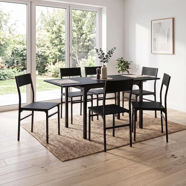 Comedor con Mesa Extendible Rectangular y 6 Sillas Madera y Metal Cocina negro