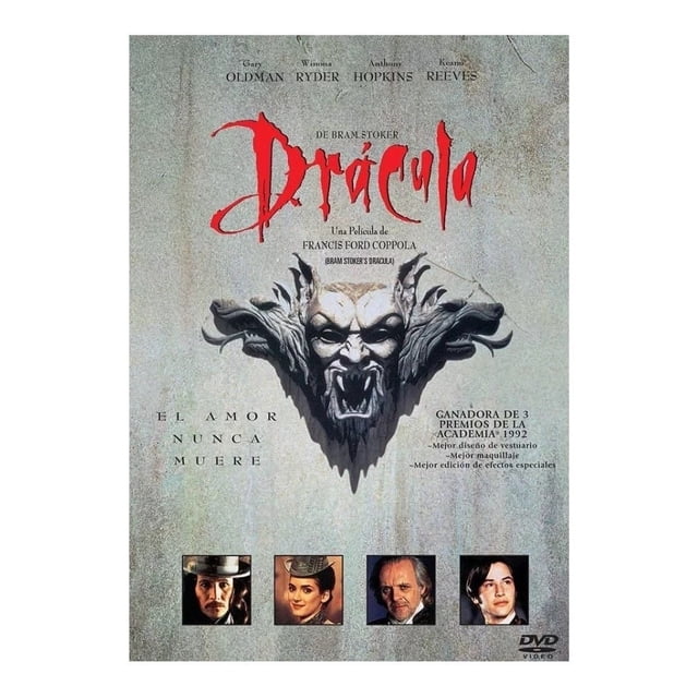 dracula 1992 bram stoker anthony hopkins pelicula dvd — Portada frontal con fondo gris texturizado; título rojo estilizado 'Dracula' centrado, relieve de rostro vampírico tallado en piedra debajo, texto pequeño con créditos a Francis Ford Coppola y elenco, leyenda 'El amor nunca muere' a la izquierda, cuatro mini fotogramas en la franja inferior y logotipo DVD/Sony en la esquina inferior derecha.
