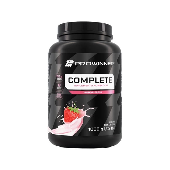 Proteína Complete Sabor Fresa, Suplemento Alimenticio, 15.19 g de Proteína por Porción con Creatina, L-Glutamina y 18 Vitaminas y Minerales, Bote de 1kg - Prowinner