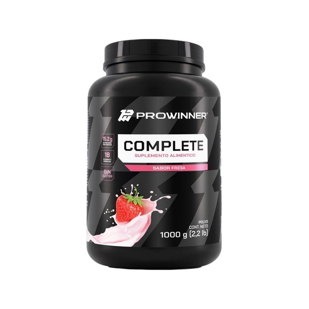 Proteína Complete Sabor Fresa, Suplemento Alimenticio, 15.19 g de Proteína por Porción con Creatina, L-Glutamina y 18 Vitaminas y Minerales, Bote de 1kg - Prowinner